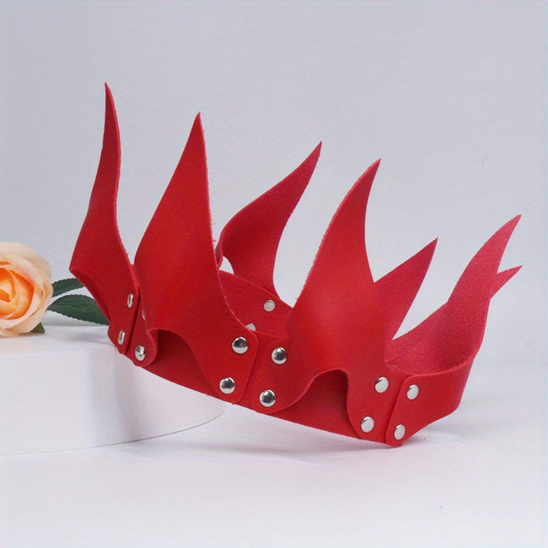 Red Crown Christmas Halloween Costume Accessory, Faux Leather Headpiece, Punk Y2K Style with Rivet Detail, for Women and Men, Festival Party Roleplay Carnival Outfit Accessory