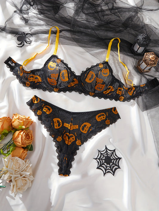 Women'S 2pcs Halloween Lingerie Set - Spooky Pumpkin & Skeleton Print Push-Up Bra & Thong with Low-Rise Cut-Out Design, Soft Comfort Fit for Costume Parties, Role Play & Themed Events - Sexy Gothic Underwear Gift for Christma