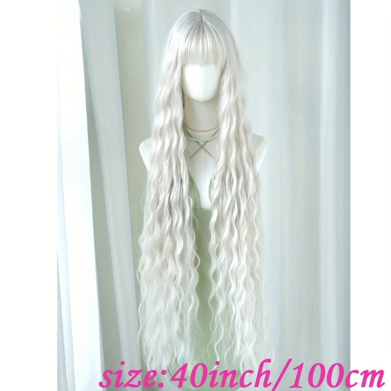 40" Long Mermaid Wig with Bangs - Glueless Wear & Go Synthetic Hair, Natural Curly Wave for Women & Teens, Costume Party, Cosplay, Everyday - Voluminous Anime/Western Roleplay Wig, Cosplay Wig, Roleplay Accessories