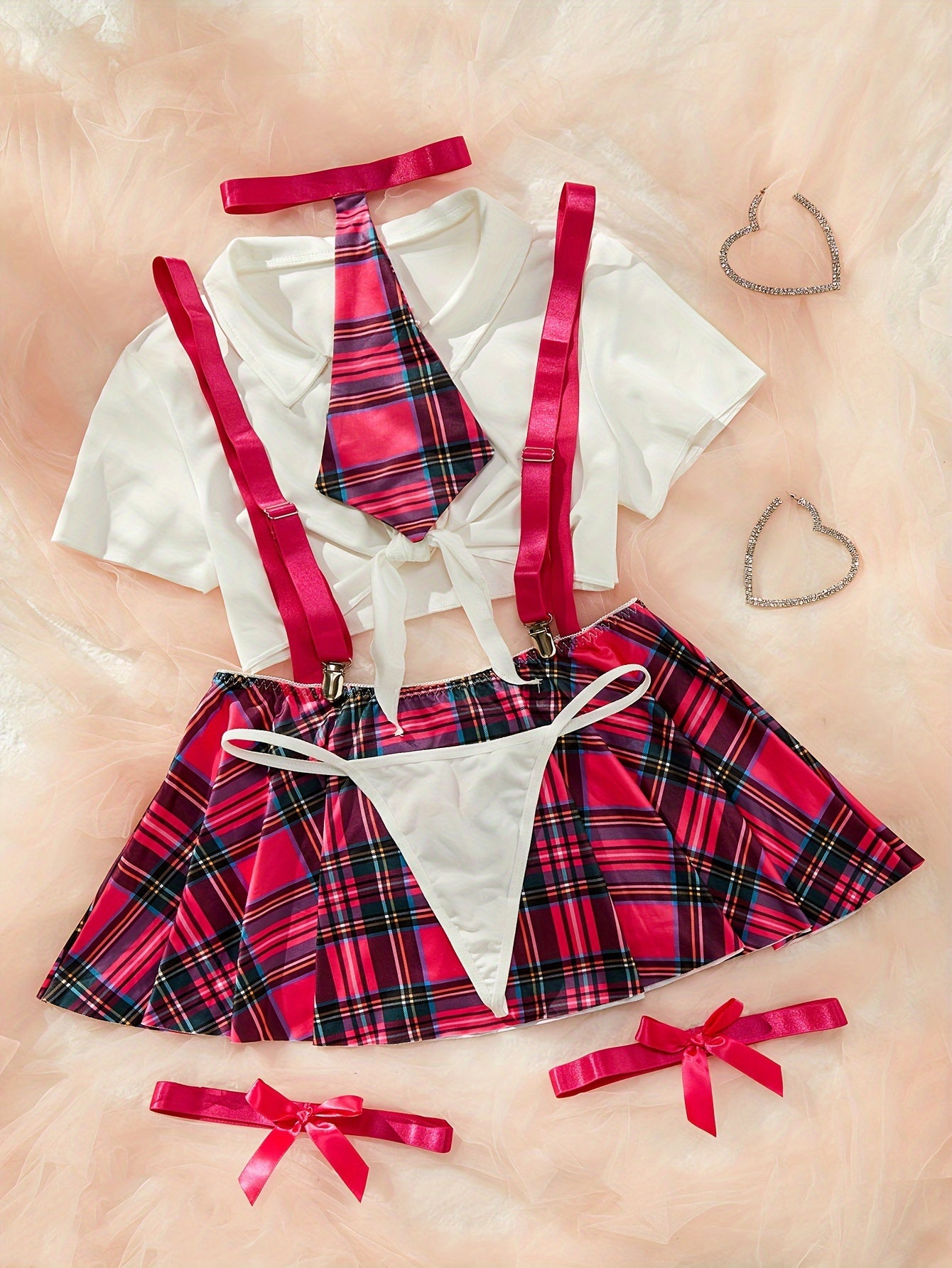 Women's Lingerie Roleplay Outfit with Plaid Camisole Mini Dress + Thong + Top + Bow Tie + Garter Set, 5pcs
