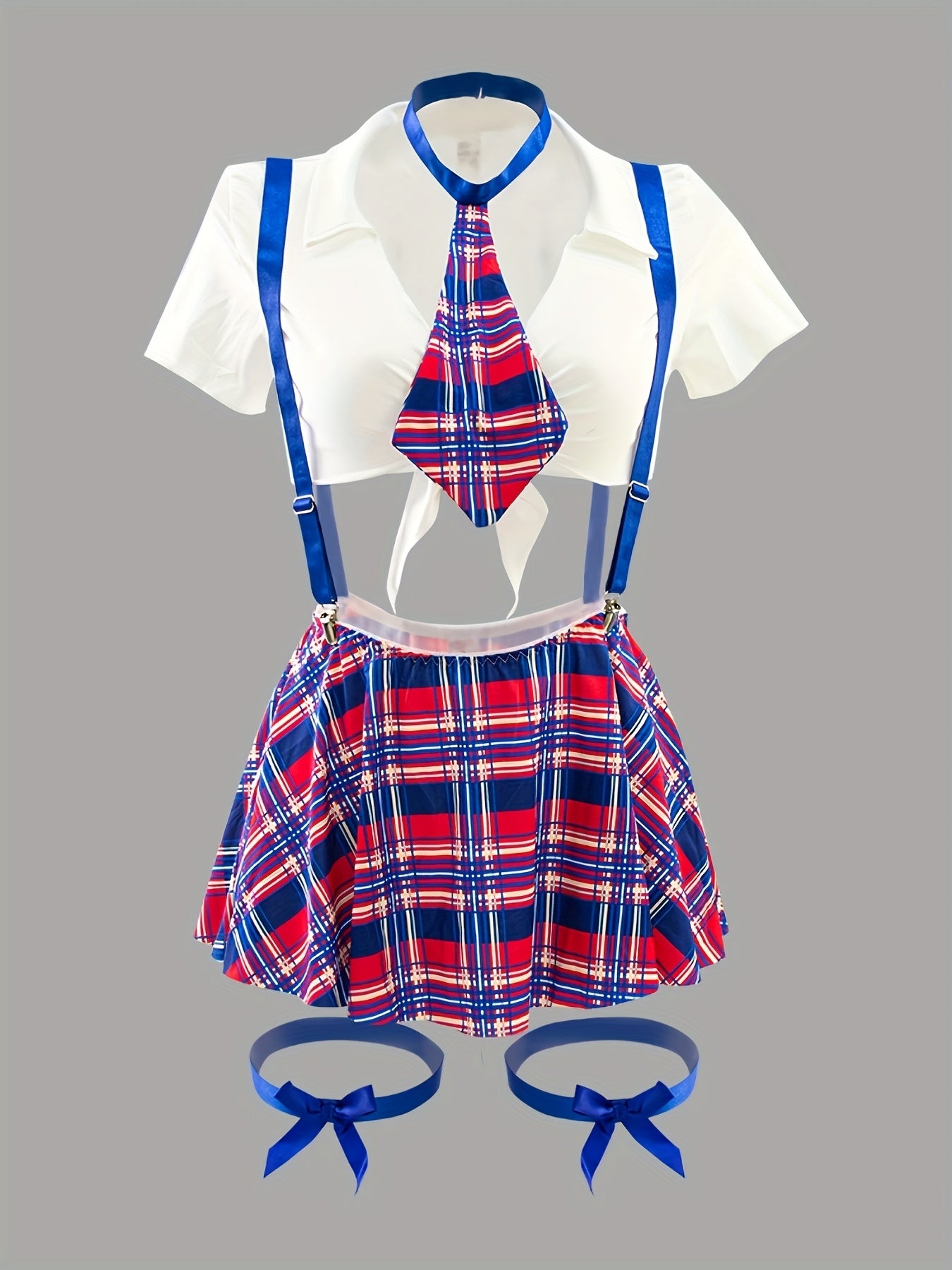 Women's Lingerie Roleplay Outfit with Plaid Camisole Mini Dress + Thong + Top + Bow Tie + Garter Set, 5pcs