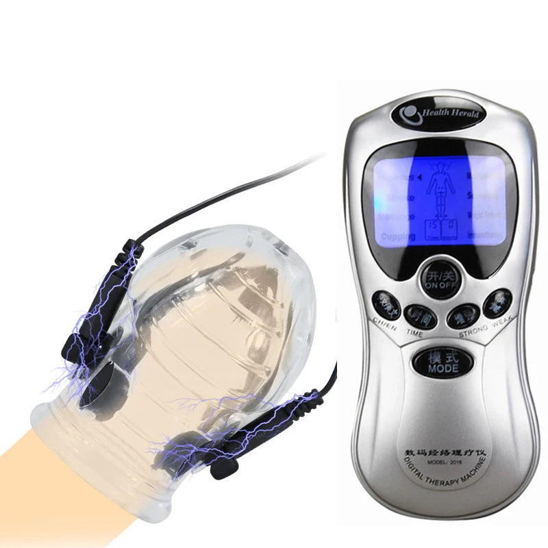 Electro Shock Penis Massager Vibrator Sex Toy for Men Glans Stimulate E-stim Penis Trainer Ring Delayed Ejaculation Penis Sleeve