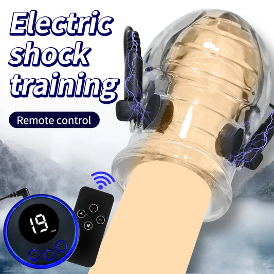 Electro Shock Penis Massager Vibrator Sex Toy for Men Glans Stimulate E-stim Penis Trainer Ring Delayed Ejaculation Penis Sleeve