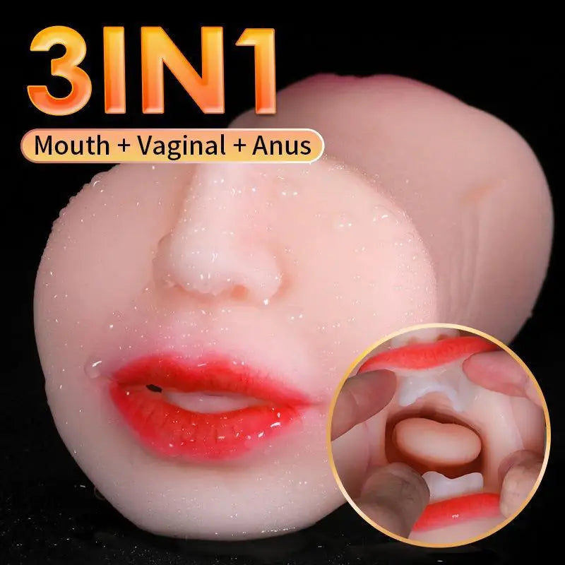 3-in-1 Realistic Male Masturbator Vaginal/Oral/Anal Silicone Toy with Suction Vibration, Hands-Free Sex Cup for Men