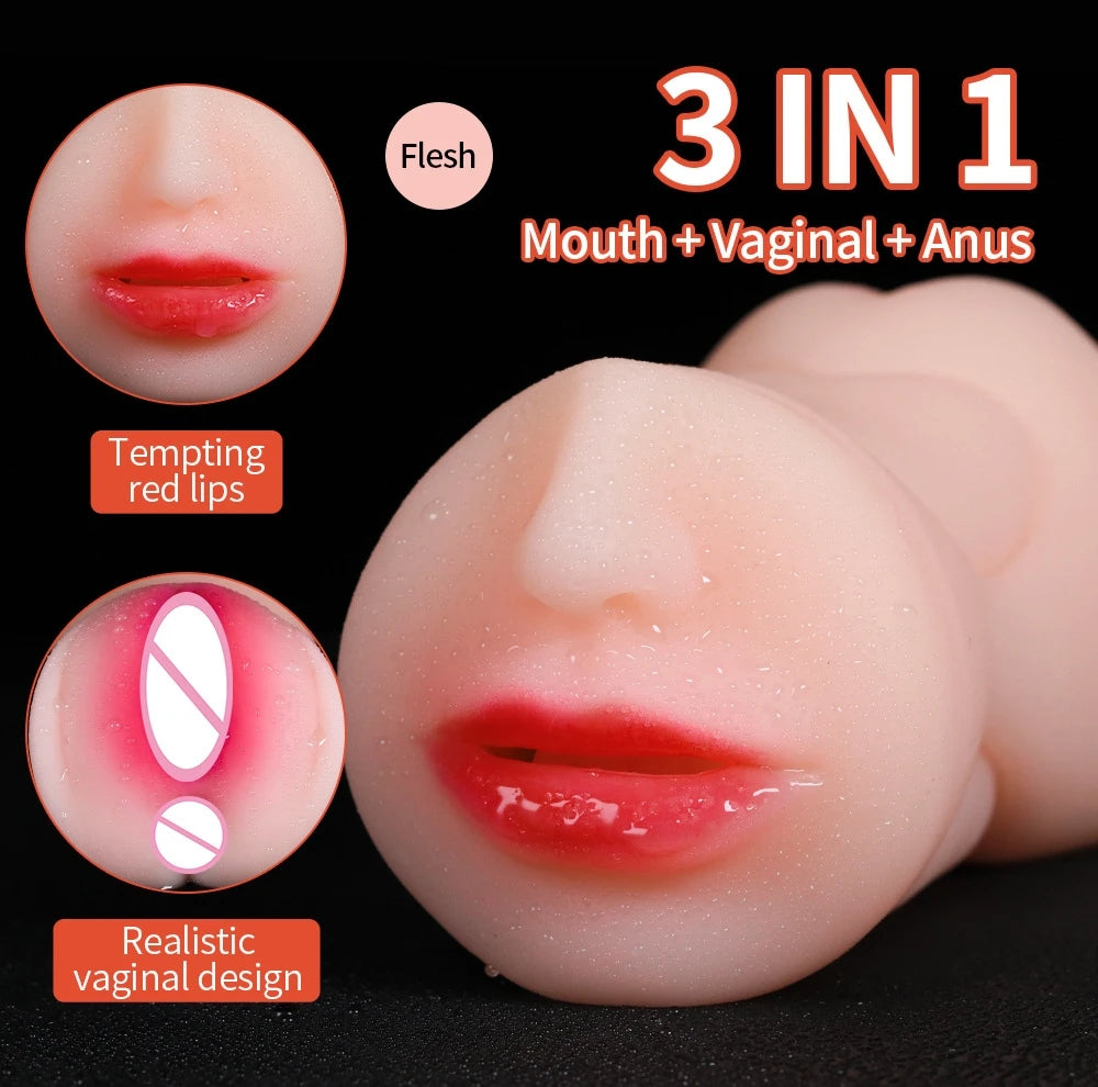 3 IN 1 Male Sex Toy - Deep Throat + Artificial Real Pussy + Realistic Rubber Vagina, Oral Blowjob Masturbator for Men
