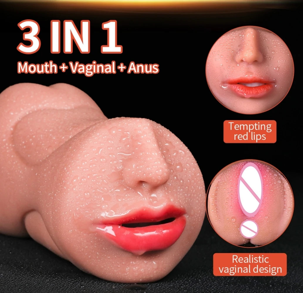 3 IN 1 Male Sex Toy - Deep Throat + Artificial Real Pussy + Realistic Rubber Vagina, Oral Blowjob Masturbator for Men