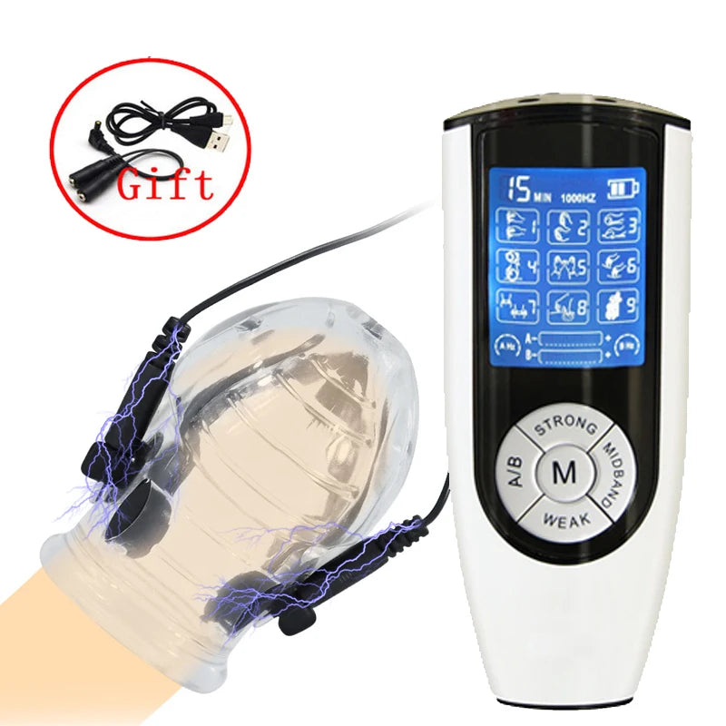 Electro Shock Penis Massager Vibrator Sex Toy for Men Glans Stimulate E-stim Penis Trainer Ring Delayed Ejaculation Penis Sleeve
