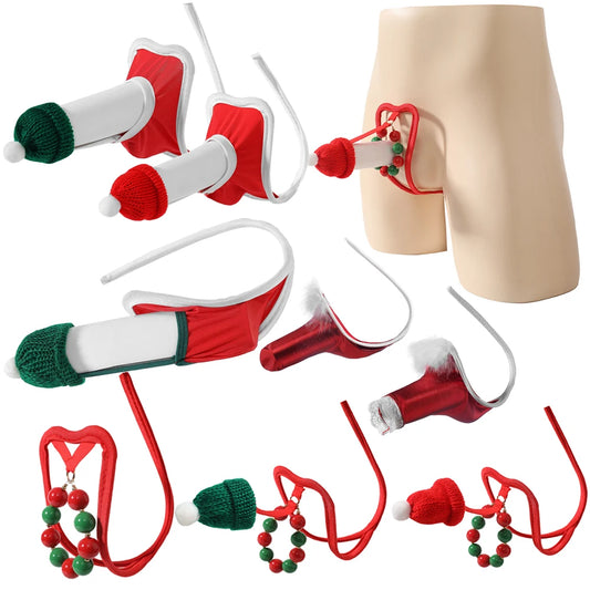 Sex Toy for Christmas decorations, Mens Christmas C-string Underwear for Sex tool, Hollow-out Front Mini Hat Mini Briefs for Xma