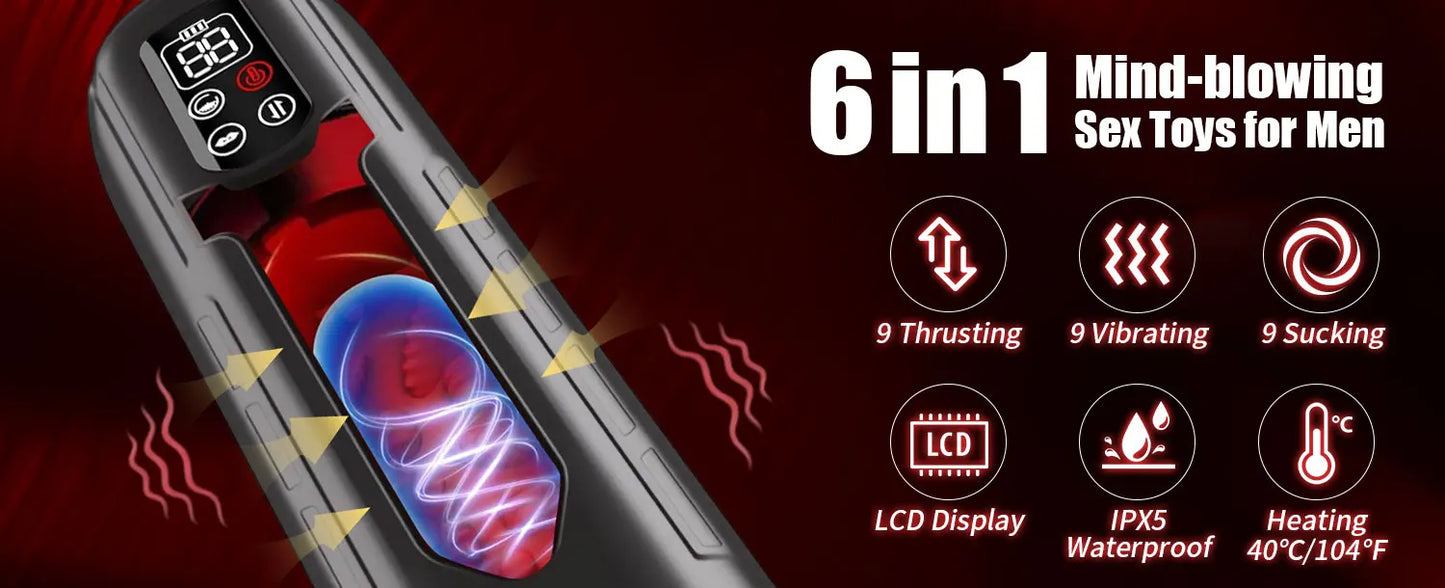 Male Sex Toys Penis Pump with 9 Sucking & Vibrating & Thrusting 3D Textured Sleeve Heating Blowjob Mens Sex Toy Adult Toys LCD