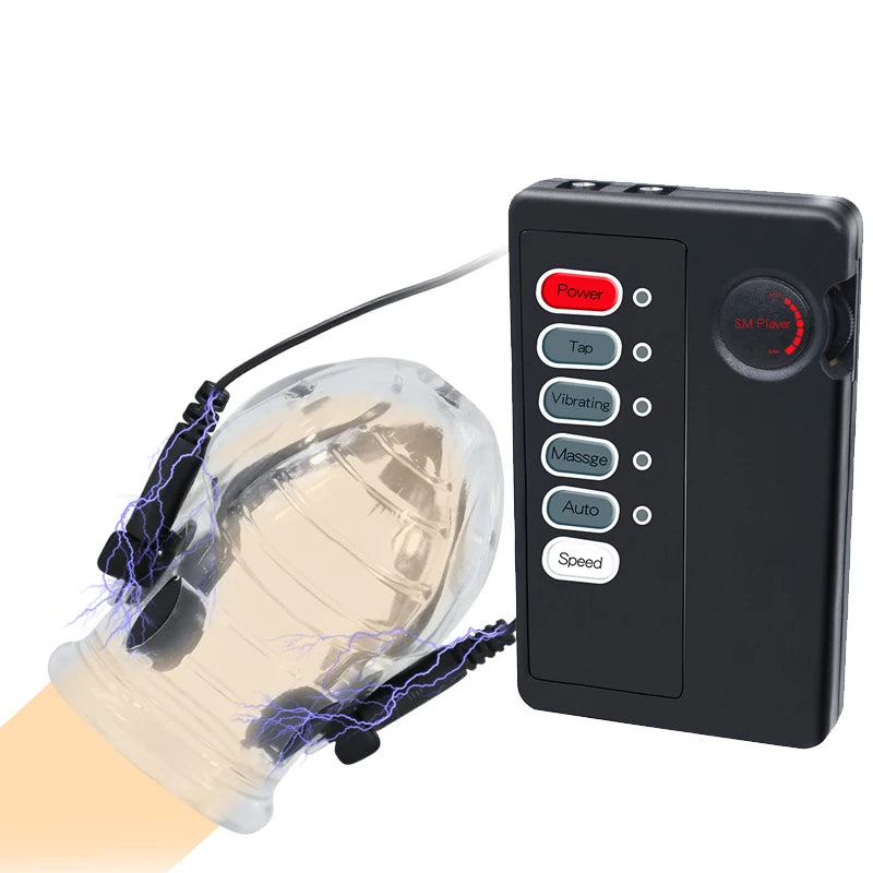 Electro Shock Penis Massager Vibrator Sex Toy for Men Glans Stimulate E-stim Penis Trainer Ring Delayed Ejaculation Penis Sleeve