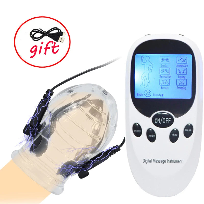 Electro Shock Penis Massager Vibrator Sex Toy for Men Glans Stimulate E-stim Penis Trainer Ring Delayed Ejaculation Penis Sleeve