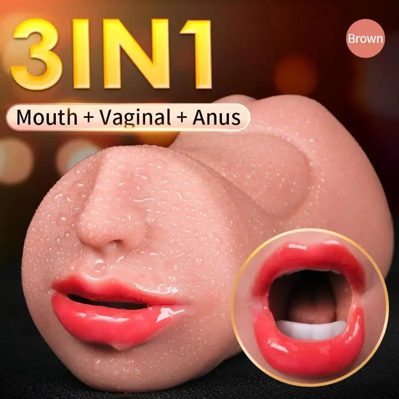 3-in-1 Realistic Male Masturbator Vaginal/Oral/Anal Silicone Toy with Suction Vibration, Hands-Free Sex Cup for Men
