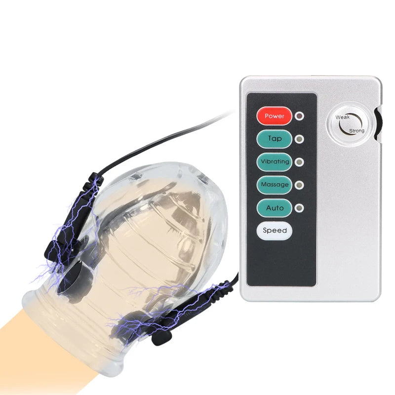 Electro Shock Penis Massager Vibrator Sex Toy for Men Glans Stimulate E-stim Penis Trainer Ring Delayed Ejaculation Penis Sleeve