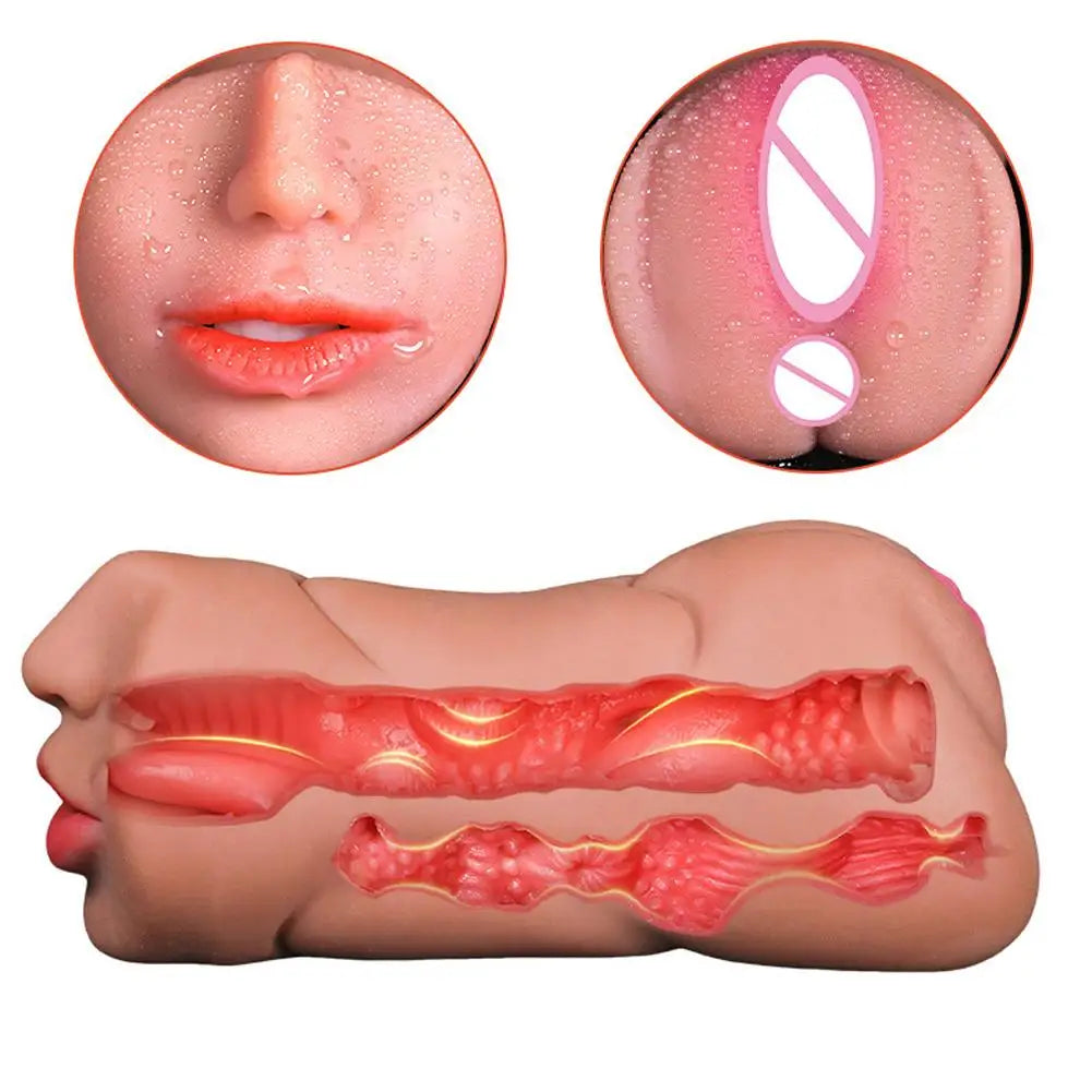 3-in-1 Realistic Male Masturbator Vaginal/Oral/Anal Silicone Toy with Suction Vibration, Hands-Free Sex Cup for Men