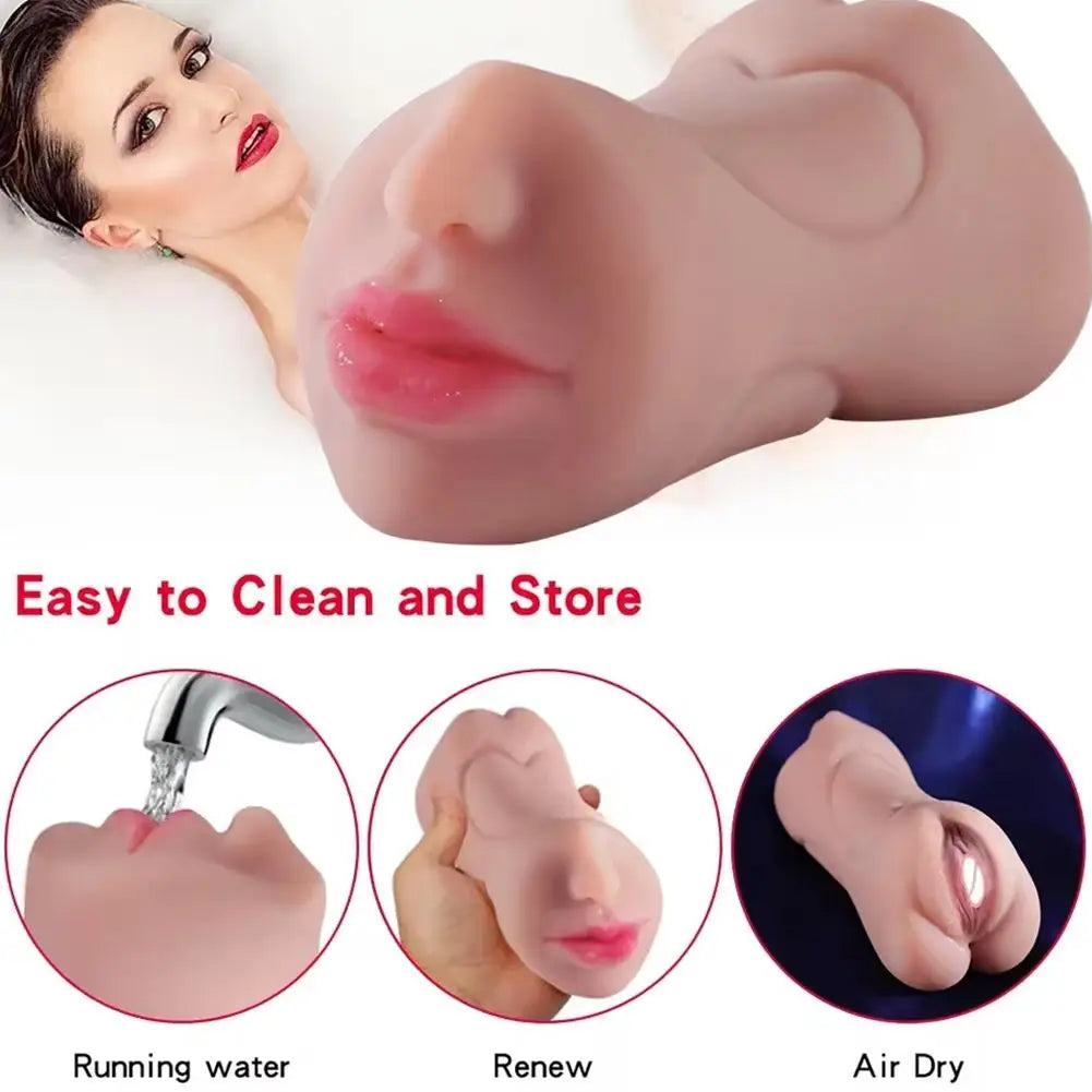 3-in-1 Realistic Male Masturbator Vaginal/Oral/Anal Silicone Toy with Suction Vibration, Hands-Free Sex Cup for Men