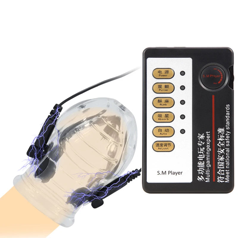 Electro Shock Penis Massager Vibrator Sex Toy for Men Glans Stimulate E-stim Penis Trainer Ring Delayed Ejaculation Penis Sleeve