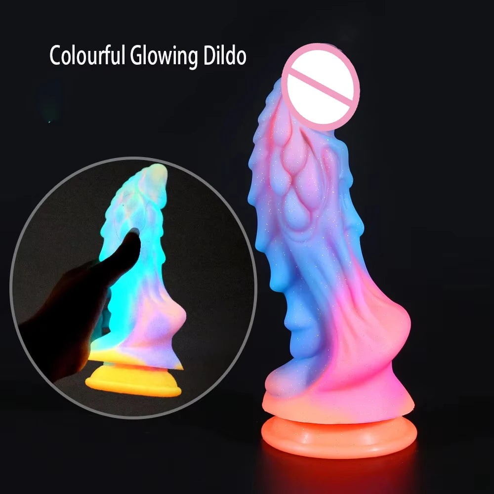 New Luminous Dildos Colourful Glowing Huge Penis G-spot Anal Butt Plug Women Toys Shaped Dragon Monster Dildo with Suction Cup