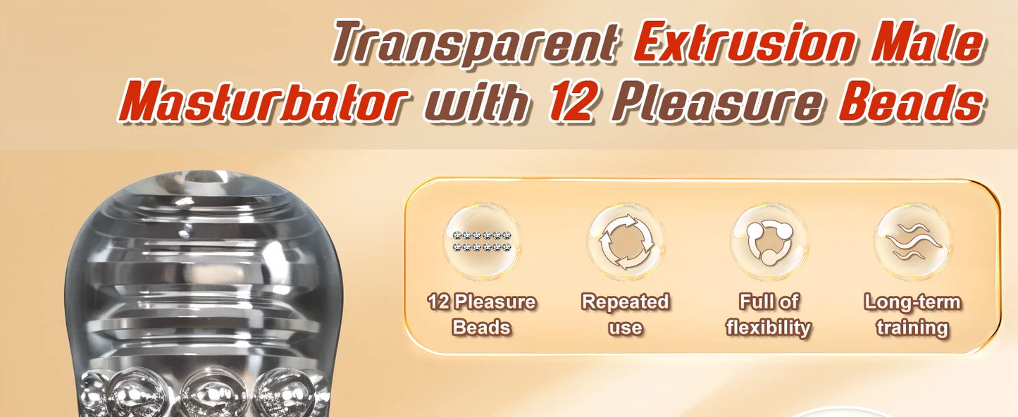 Manual Male Masturbator with 12 Extruded Beads,3D Realistic Pocket Pussy Sleeve Stroker,Glans Trainer Stimulator,Sex Toy for Men