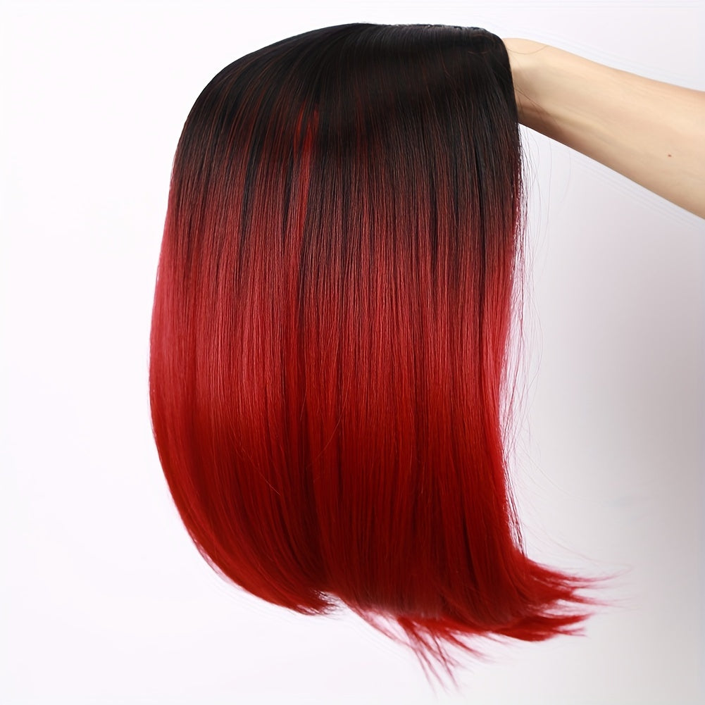 Heat Resistant Synthetic Wig - Black to Red Ombre Bob Cut with Side Part, Natural Look Synthetic Hair for Women, Everyday & Party Hairstyle, Easy Maintenance & Damage-Free Styling, Short Hair Wigs, Cosplay Accessory, Sleek St
