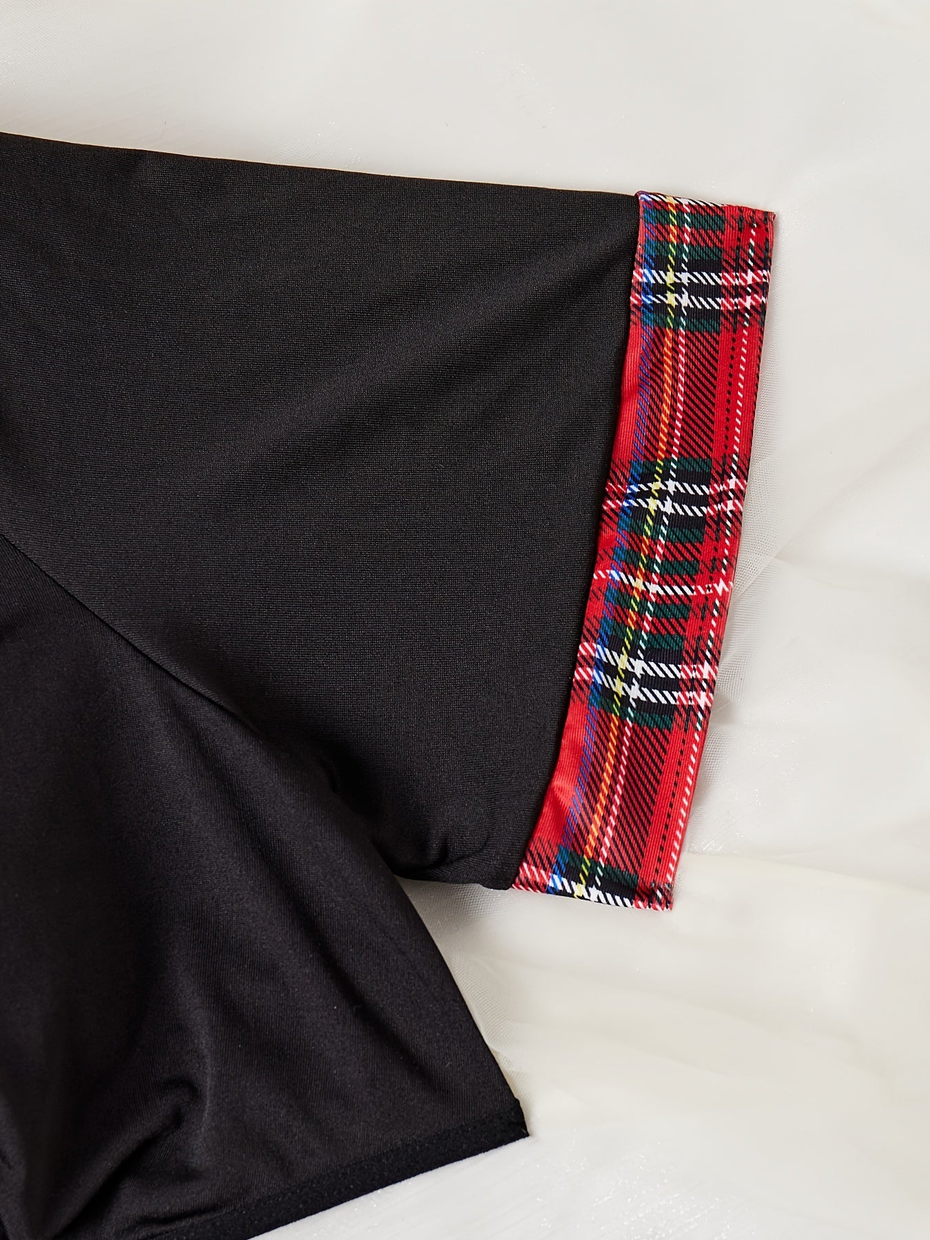 Women's Sexy Lingerie Set, Plus Size Plaid Print Tie Front Crop Top & Pleated Contrast Lace Panel Skirt Roleplay Costumes 2 Piece Set