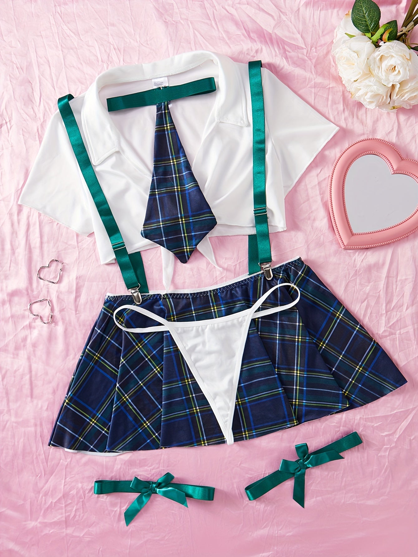 Women's Lingerie Roleplay Outfit with Plaid Camisole Mini Dress + Thong + Top + Bow Tie + Garter Set, 5pcs