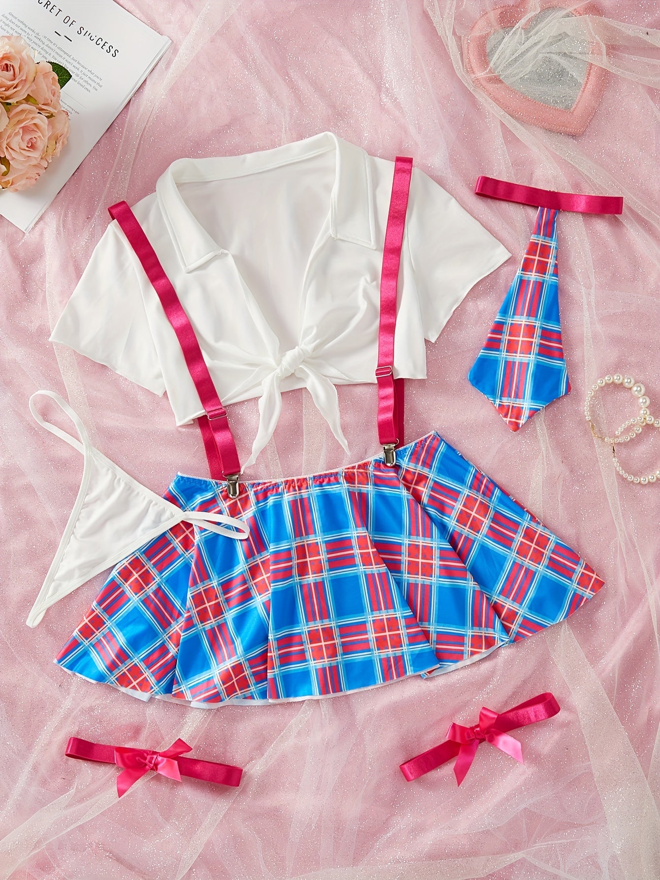 Women's Lingerie Roleplay Outfit with Plaid Camisole Mini Dress + Thong + Top + Bow Tie + Garter Set, 5pcs