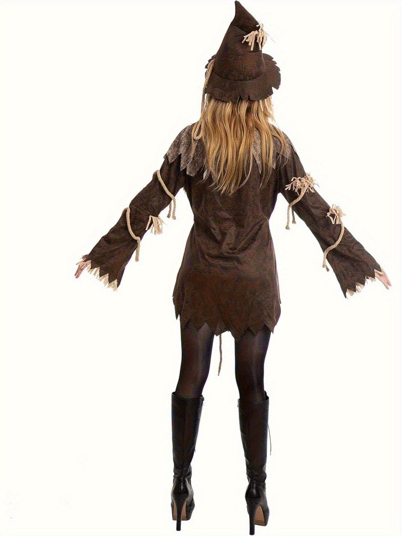 Women's Scary Scarecrow Costume with Hat & Dress - Complete Halloween Outfit with Straw-like Hair, Fake Drawstring Neck Ruffle Collar & Waist Rope - 100% Polyester Durable Costume for Halloween Parties, Themed Events, Wizard