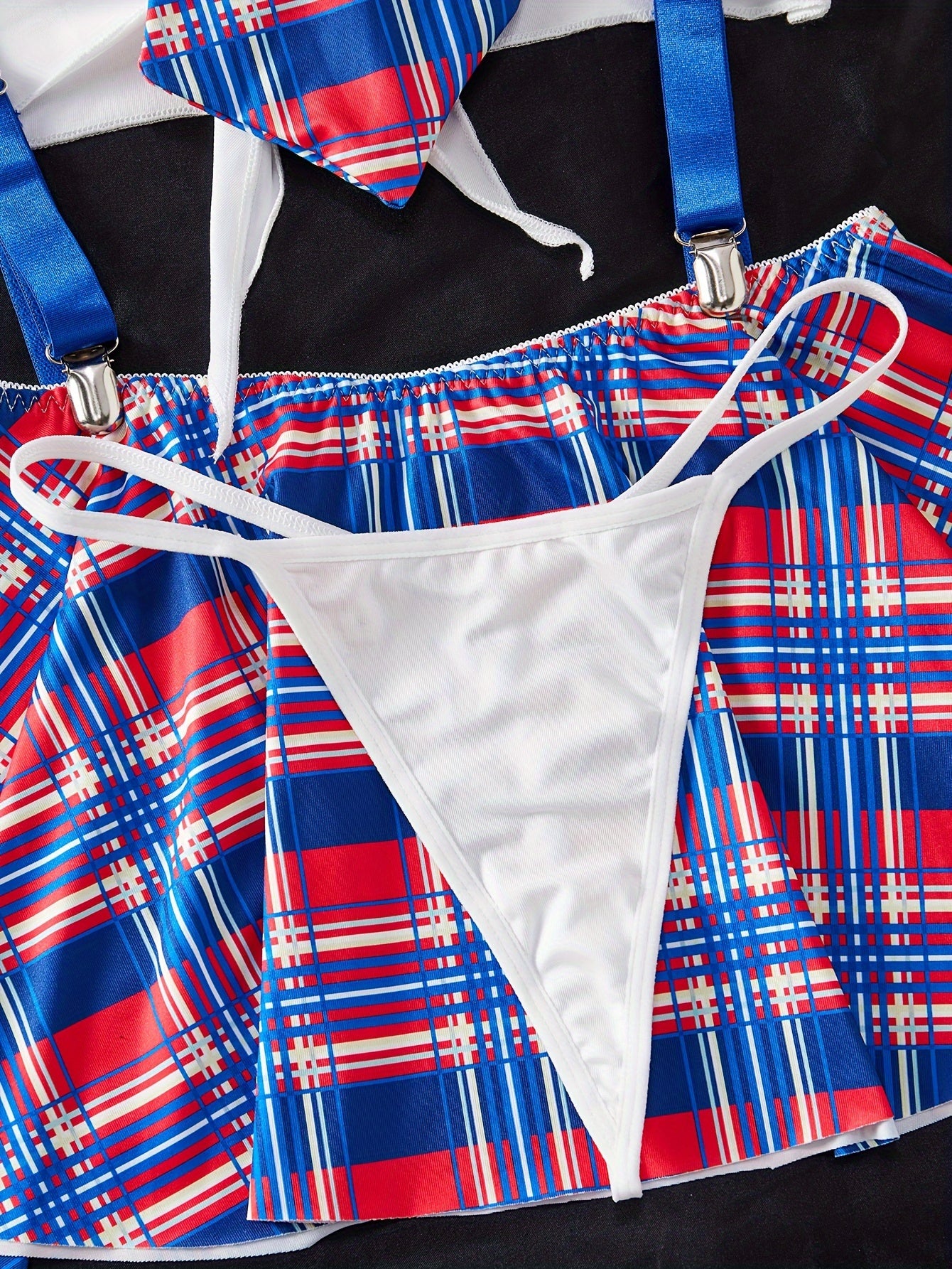 Women's Lingerie Roleplay Outfit with Plaid Camisole Mini Dress + Thong + Top + Bow Tie + Garter Set, 5pcs