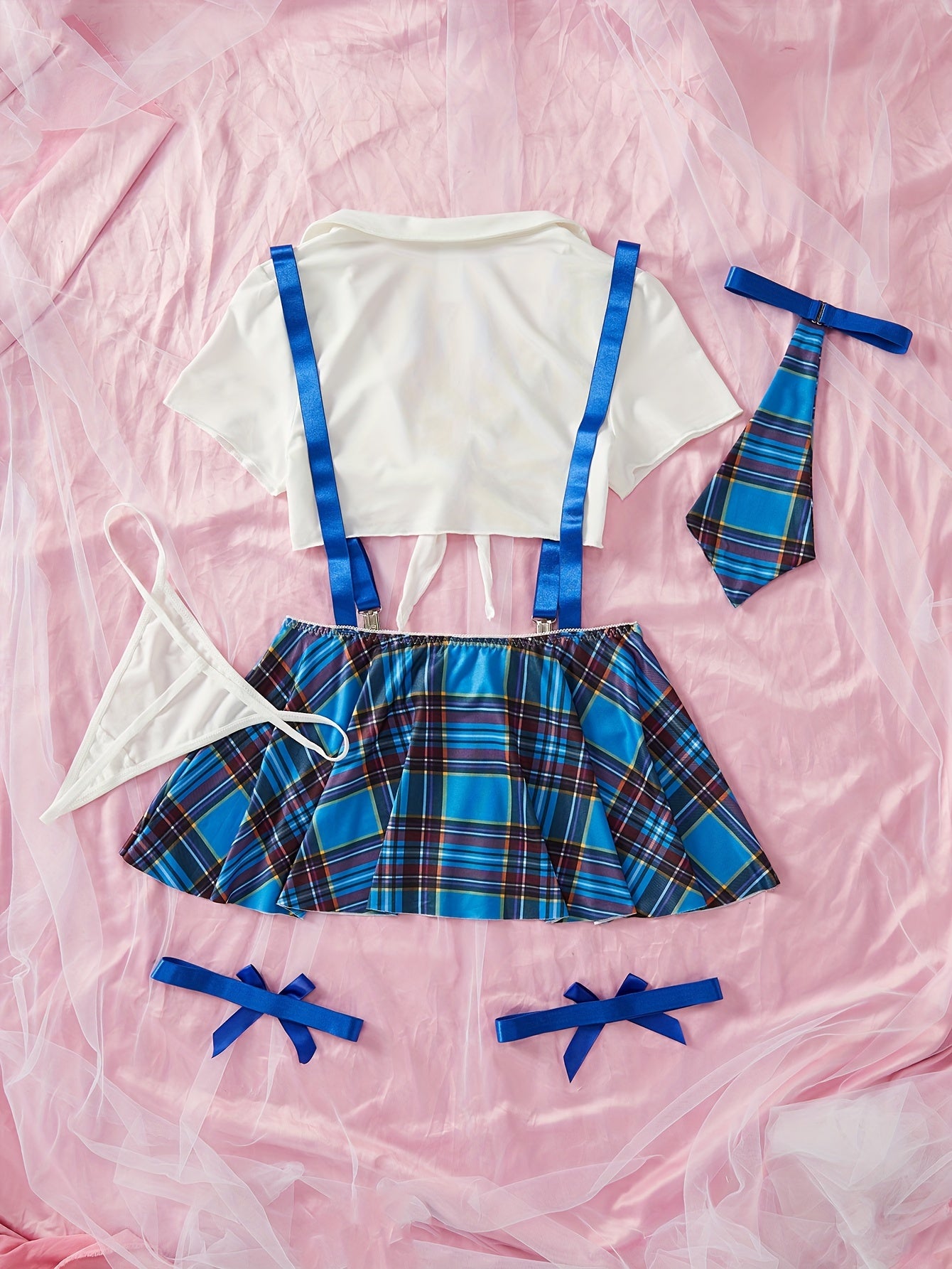 Women's Lingerie Roleplay Outfit with Plaid Camisole Mini Dress + Thong + Top + Bow Tie + Garter Set, 5pcs