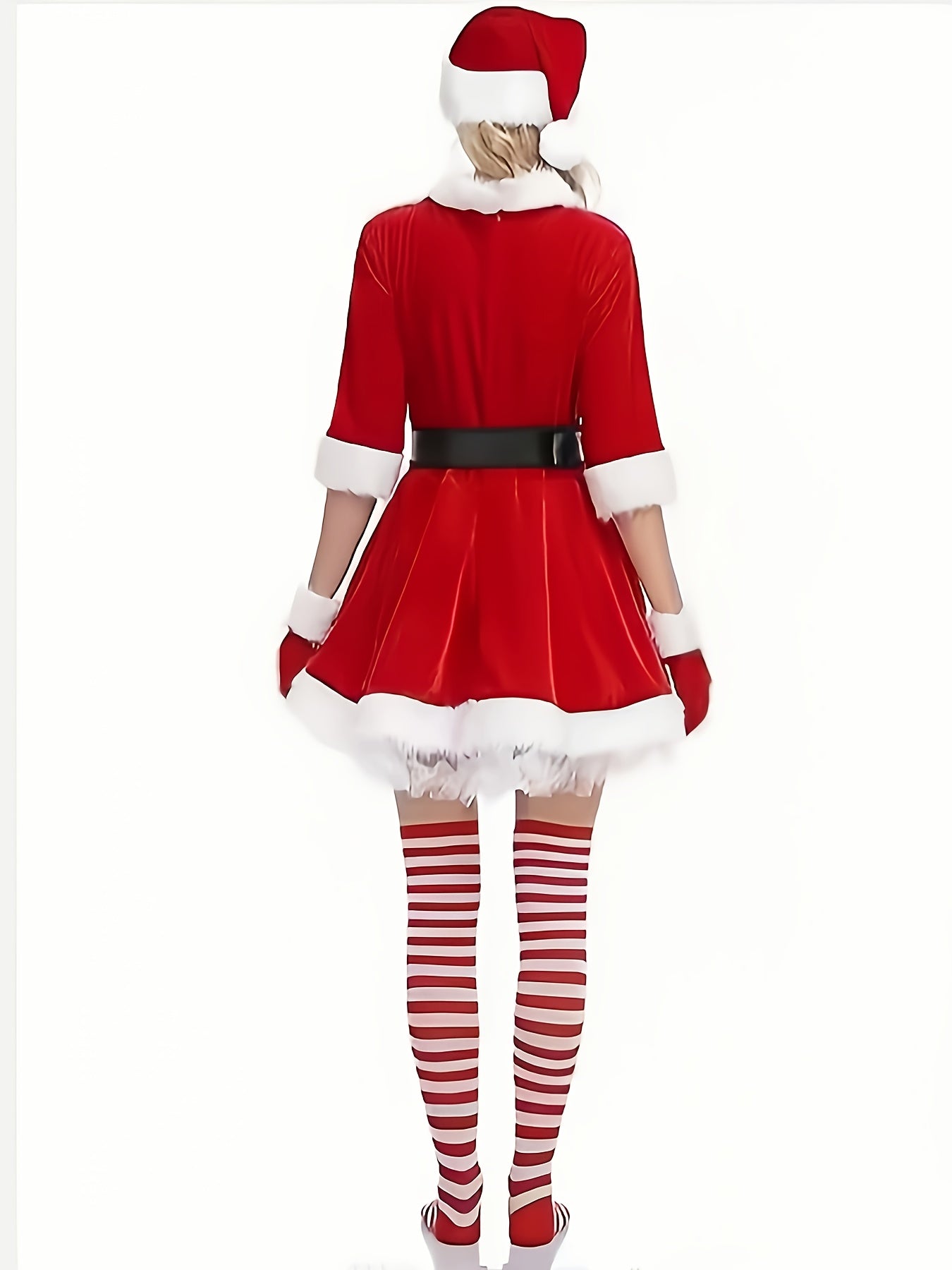 5pcs Women's Christmas Dress, Santa Claus Role-playing Costume, Plush Decoration Velvet Round Neck 3/4 Cuff Skirt with Hat, Socks, Belt, Gloves, Clothing, Santa Outfits For Women, Santa Claus Dress For Women, Christmas Winter