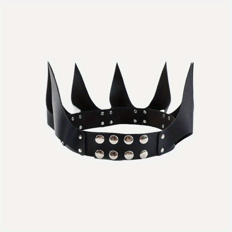 Red Crown Christmas Halloween Costume Accessory, Faux Leather Headpiece, Punk Y2K Style with Rivet Detail, for Women and Men, Festival Party Roleplay Carnival Outfit Accessory