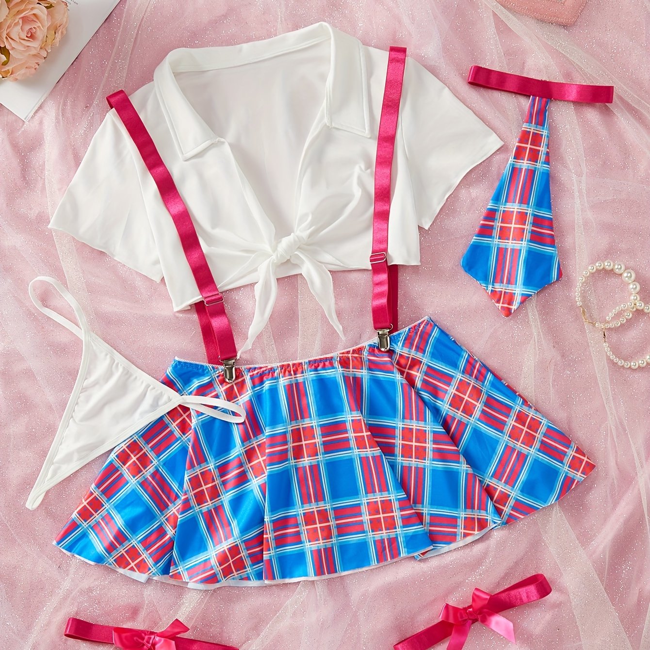 Women's Lingerie Roleplay Outfit with Plaid Camisole Mini Dress + Thong + Top + Bow Tie + Garter Set, 5pcs