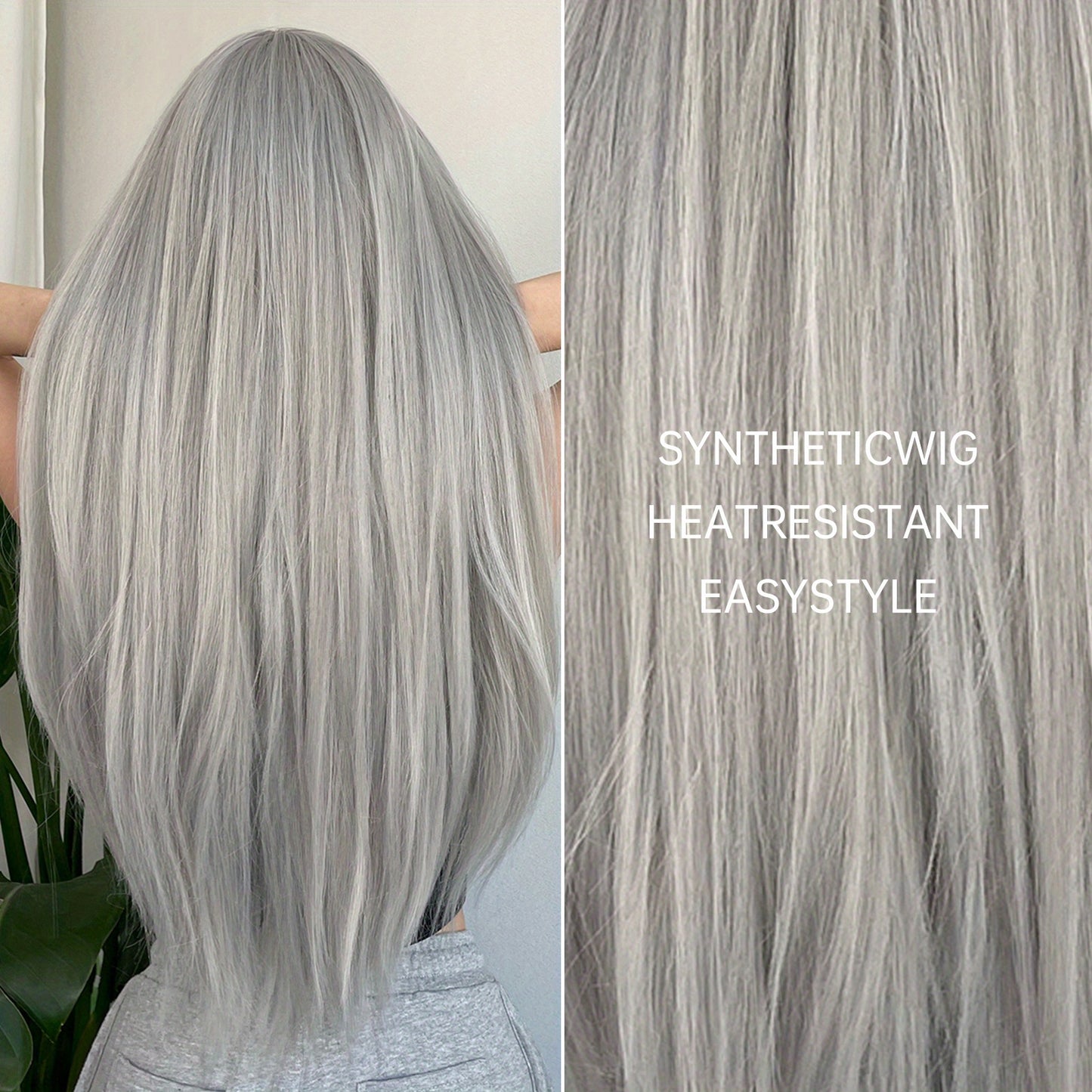 Silvery Grey 26 Inch Long Straight Hair Wigs With Bangs Heat Resistant Synthetic Hair Wigs For Women Girls For Cosplay Party Daily Taking Photos Use Music Festival