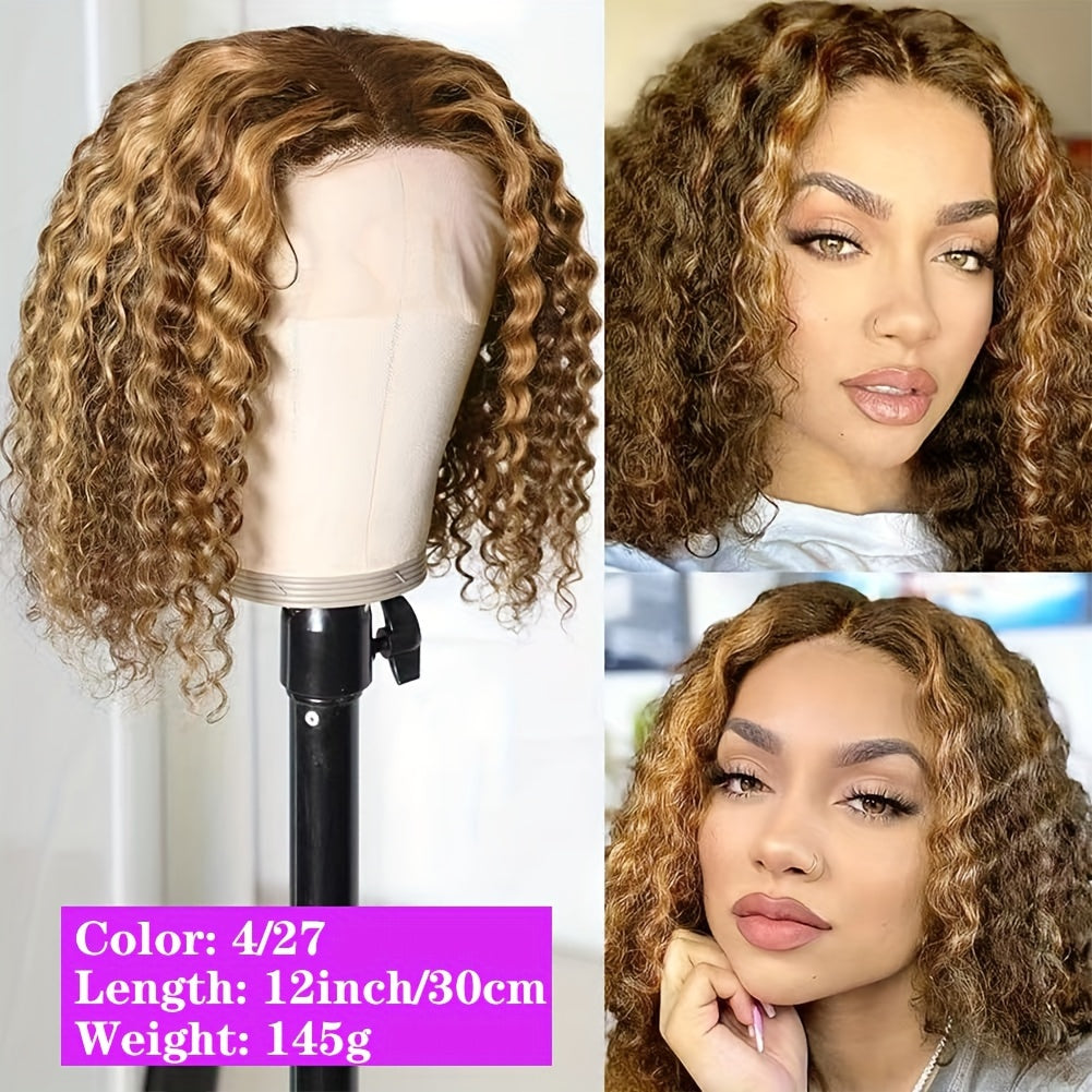Curly Bob Wigs 13X4 Lace Front Wig Brazilian Remy Human Hair Wigs Blonde Brown Deep Wave Short Wig For Women 13x4 lace Highlight Color 4/27 10-16inch