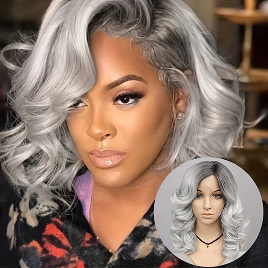 Black Gray Loose Wave Curly Hair Wigs Synthetic T Part Lace Front Wigs Bob Body Wave Wigs For Woman Heat Resistant Fiber Wigs