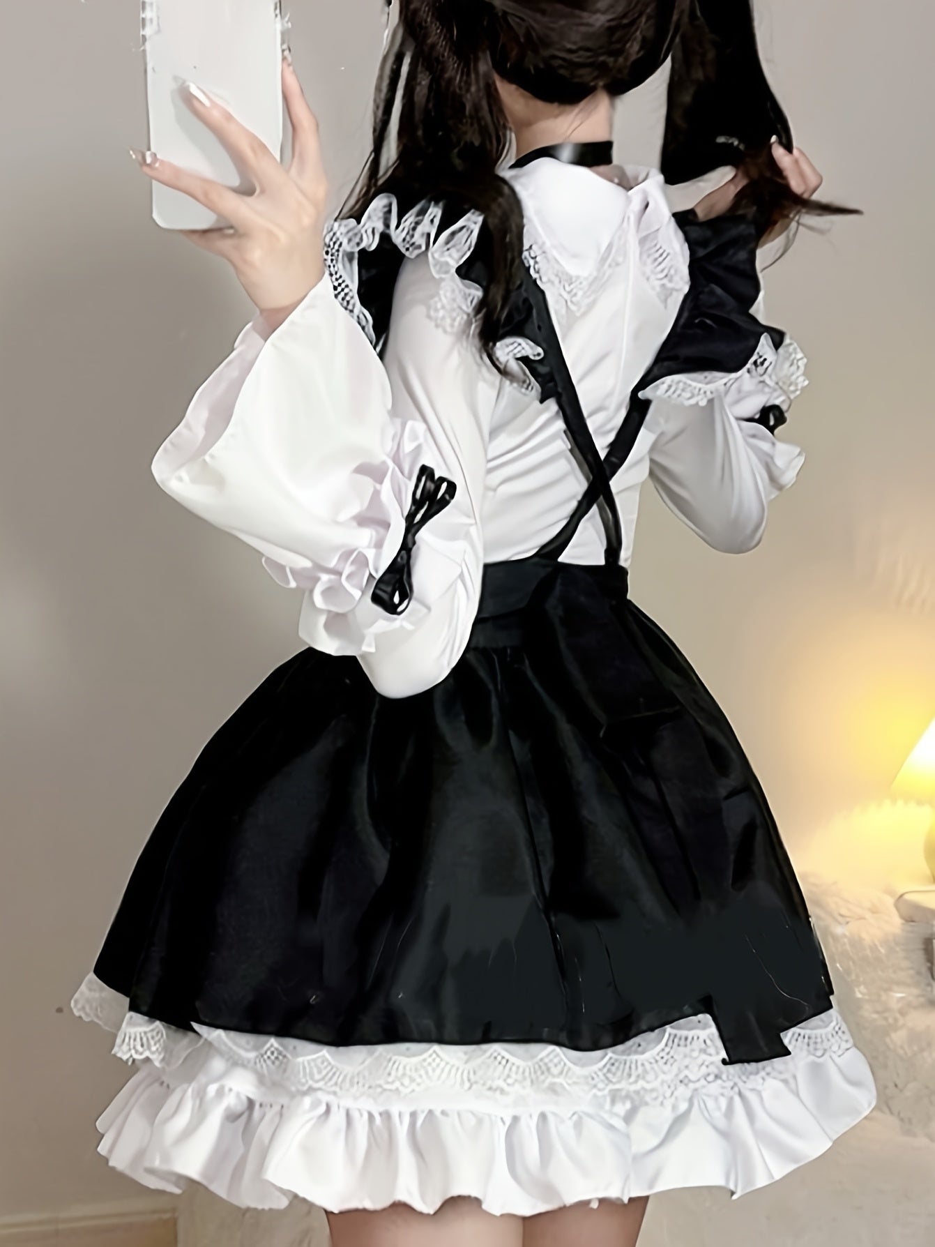 Women's Black & White Classic Japanese Maid Costume - Elegant Fitted Role-Play Dress with Trumpet Sleeves, Ruffled Hem & Large Bow, Knee-Length Non-Stretch Fabric for Cosplay, Themed Parties, Spring/Summer Wear, Spring Cospla
