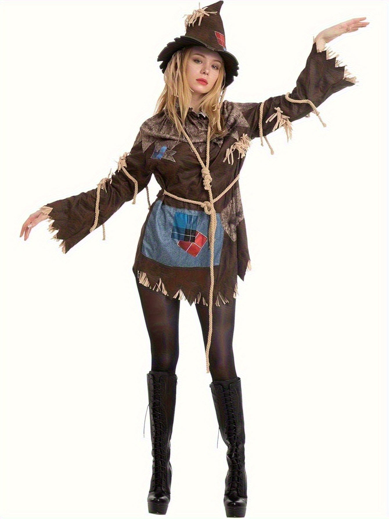 Women's Scary Scarecrow Costume with Hat & Dress - Complete Halloween Outfit with Straw-like Hair, Fake Drawstring Neck Ruffle Collar & Waist Rope - 100% Polyester Durable Costume for Halloween Parties, Themed Events, Wizard