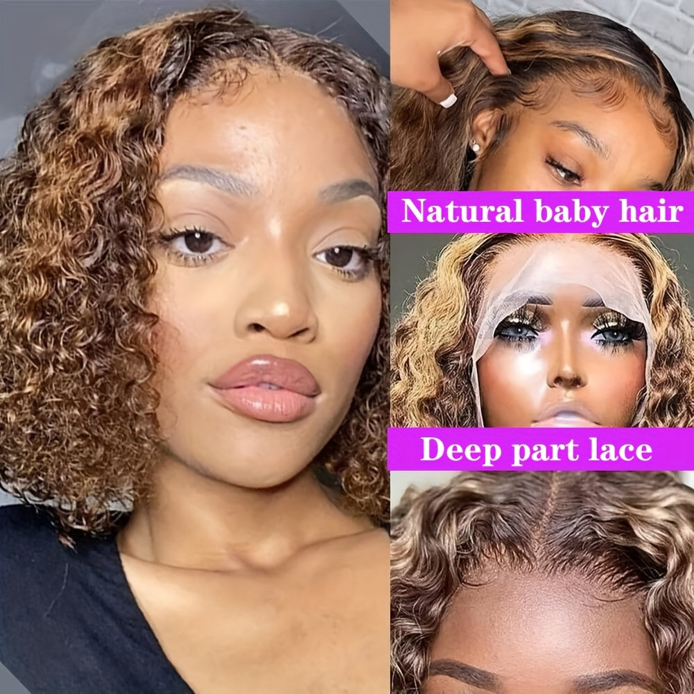 Curly Bob Wigs 13X4 Lace Front Wig Brazilian Remy Human Hair Wigs Blonde Brown Deep Wave Short Wig For Women 13x4 lace Highlight Color 4/27 10-16inch
