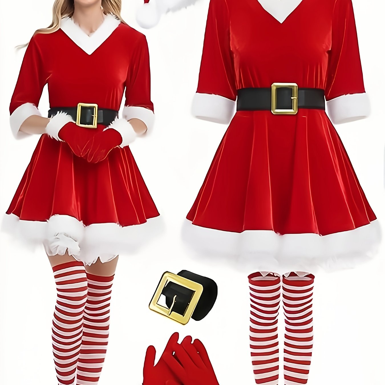 5pcs Women's Christmas Dress, Santa Claus Role-playing Costume, Plush Decoration Velvet Round Neck 3/4 Cuff Skirt with Hat, Socks, Belt, Gloves, Clothing, Santa Outfits For Women, Santa Claus Dress For Women, Christmas Winter