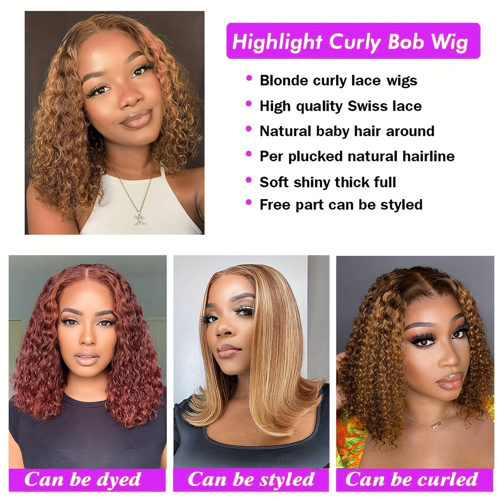 Curly Bob Wigs 13X4 Lace Front Wig Brazilian Remy Human Hair Wigs Blonde Brown Deep Wave Short Wig For Women 13x4 lace Highlight Color 4/27 10-16inch