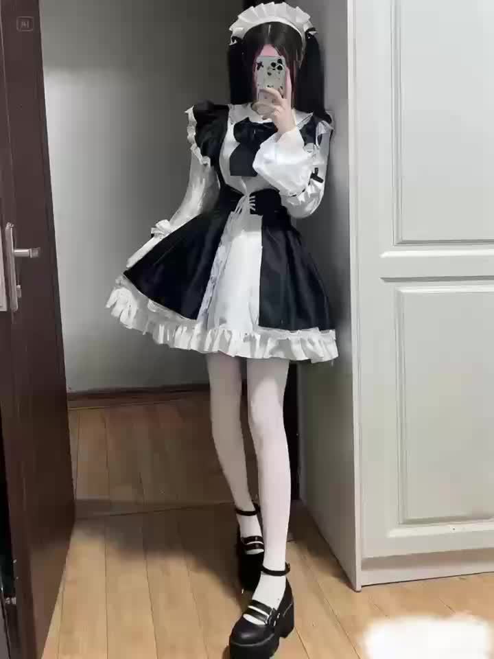 Women's Black & White Classic Japanese Maid Costume - Elegant Fitted Role-Play Dress with Trumpet Sleeves, Ruffled Hem & Large Bow, Knee-Length Non-Stretch Fabric for Cosplay, Themed Parties, Spring/Summer Wear, Spring Cospla