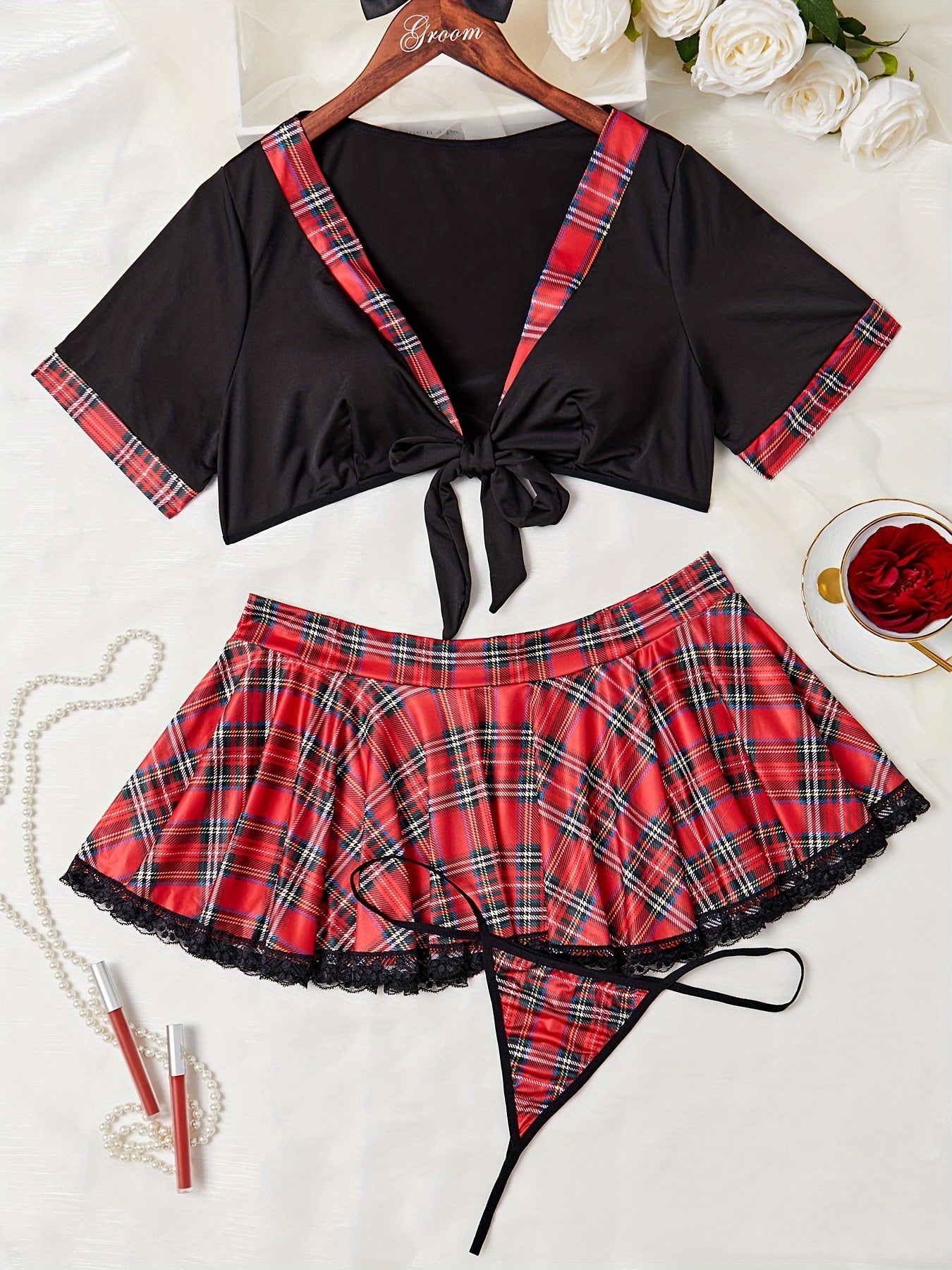 Women's Sexy Lingerie Set, Plus Size Plaid Print Tie Front Crop Top & Pleated Contrast Lace Panel Skirt Roleplay Costumes 2 Piece Set