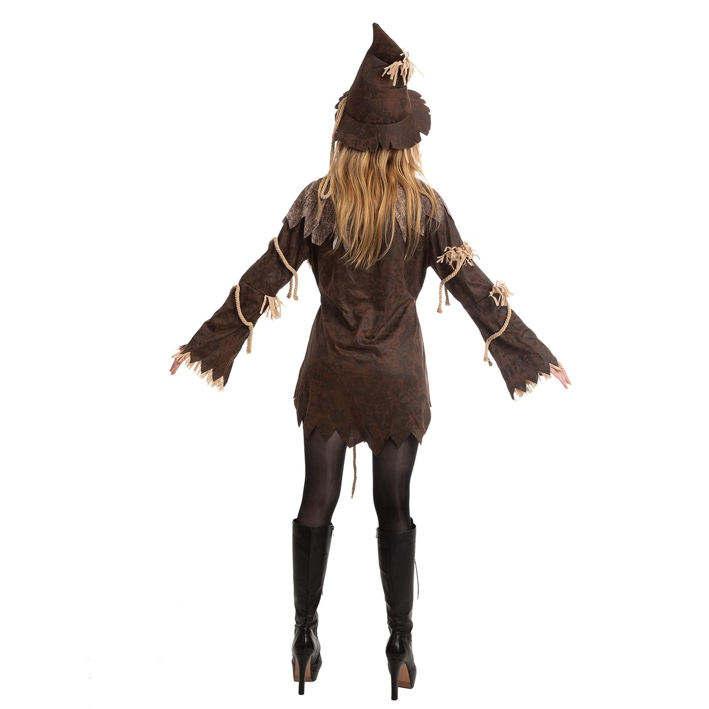 Women's Scary Scarecrow Costume with Hat & Dress - Complete Halloween Outfit with Straw-like Hair, Fake Drawstring Neck Ruffle Collar & Waist Rope - 100% Polyester Durable Costume for Halloween Parties, Themed Events, Wizard