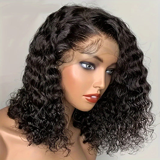 180% Density Brazilian Remy Human Hair Wig with 13x4 Lace Front - Deep Wave Natural Hairline & Pre-Plucked for | Curly Wigs for African Females, Volume & Scalp Coverage, Brazilian Human Hair Wigs