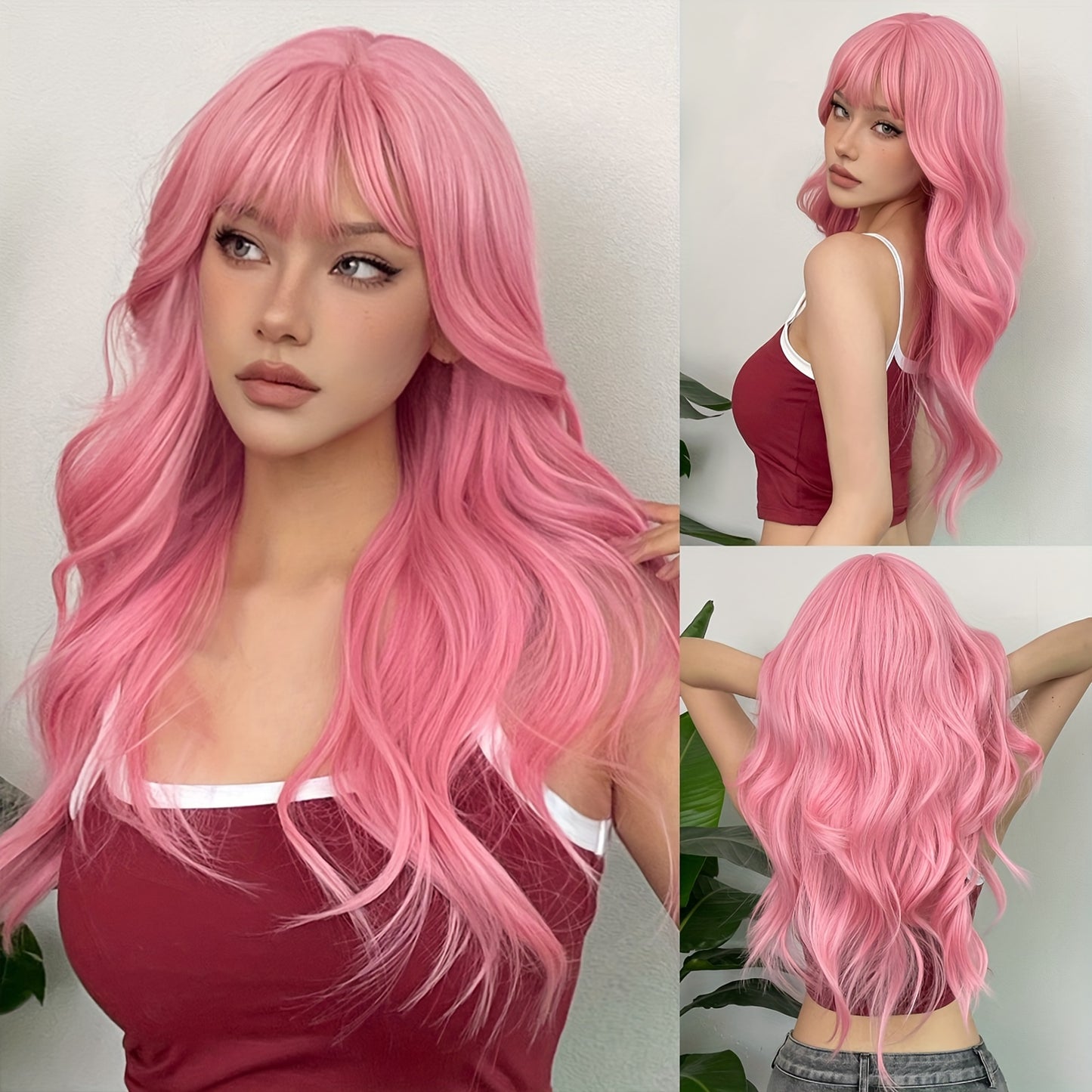 [Pink Hair Wigs] Pink 24 Inch Synthetic Fiber Hair Wigs With Bangs | Long Body Wave Hair Wigs For Women Girls | For Daily Party Cosplay Use Music Festival