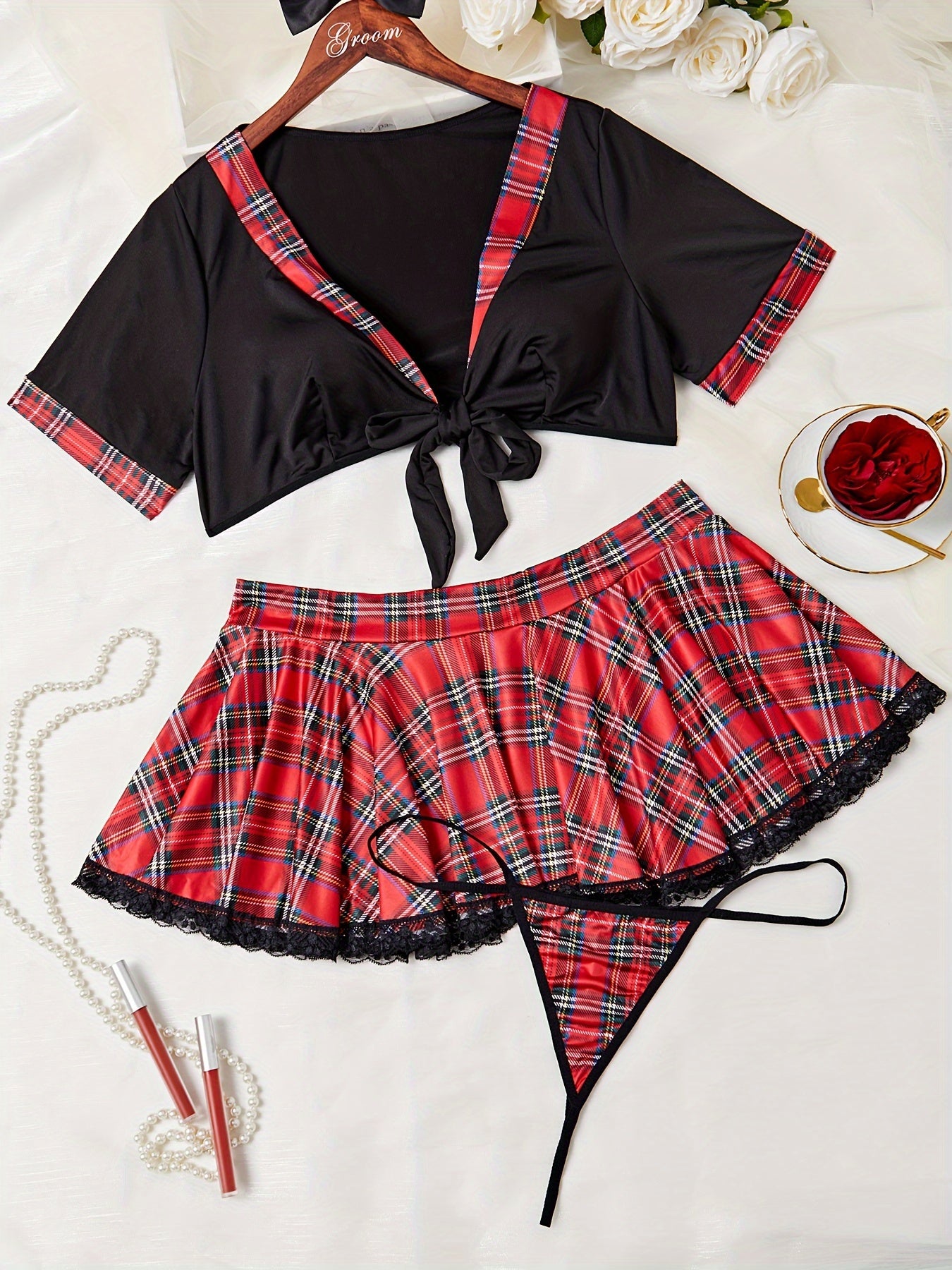 Women's Sexy Lingerie Set, Plus Size Plaid Print Tie Front Crop Top & Pleated Contrast Lace Panel Skirt Roleplay Costumes 2 Piece Set