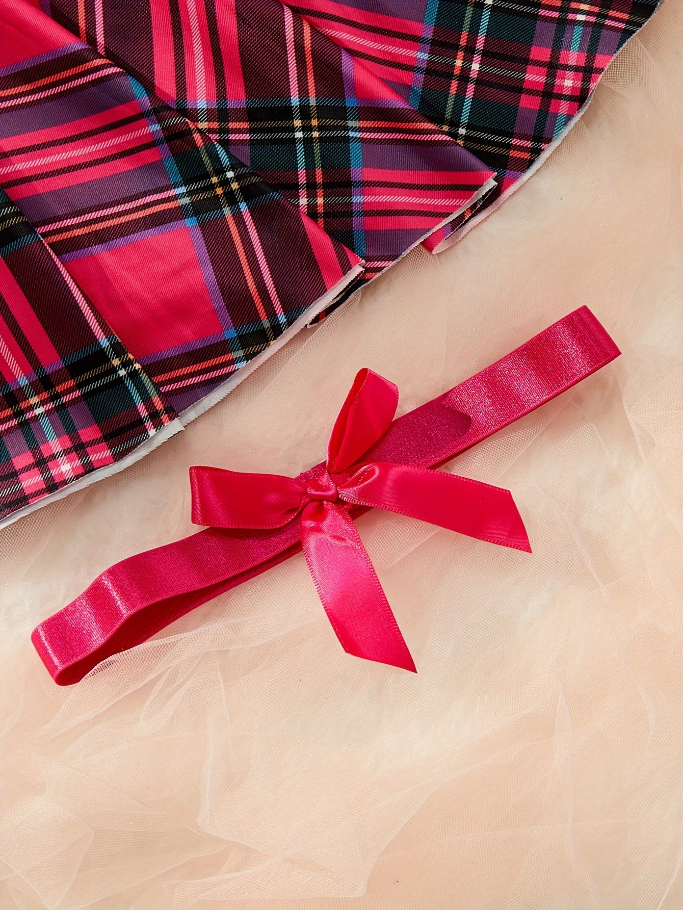 Women's Lingerie Roleplay Outfit with Plaid Camisole Mini Dress + Thong + Top + Bow Tie + Garter Set, 5pcs